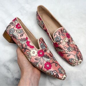 Stuart Weitzman Pipearky Floral Rose Blossom Embroidery Smoking Loafer Flat Pink